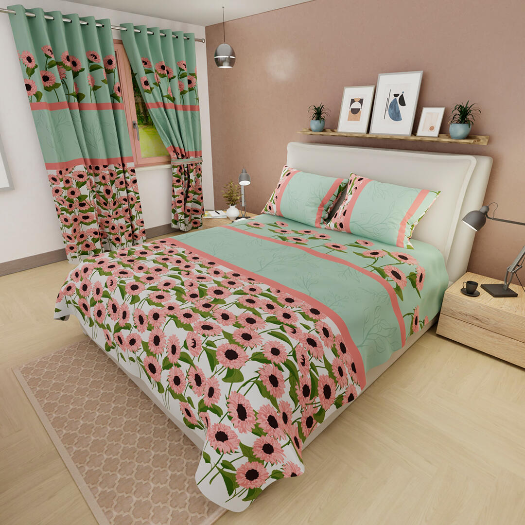 Juego De Sábanas Microfibra Suavizada Verde Rosado Girasoles Confortable