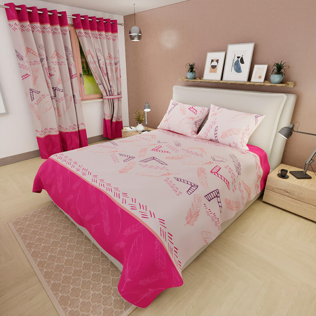 Juego De Sábanas Con Cortinas Plumas Fondo Rosado