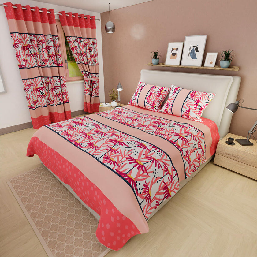 Juego De Sábanas Con Cortinas  Algas Marinas En Franja Blanca Con Lineas Rosa Claro