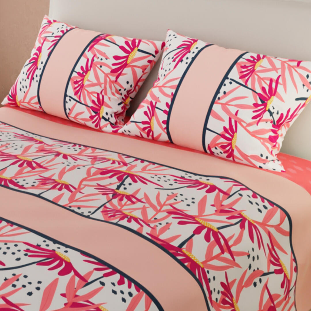 Juego De Sábanas Con Cortinas  Algas Marinas En Franja Blanca Con Lineas Rosa Claro