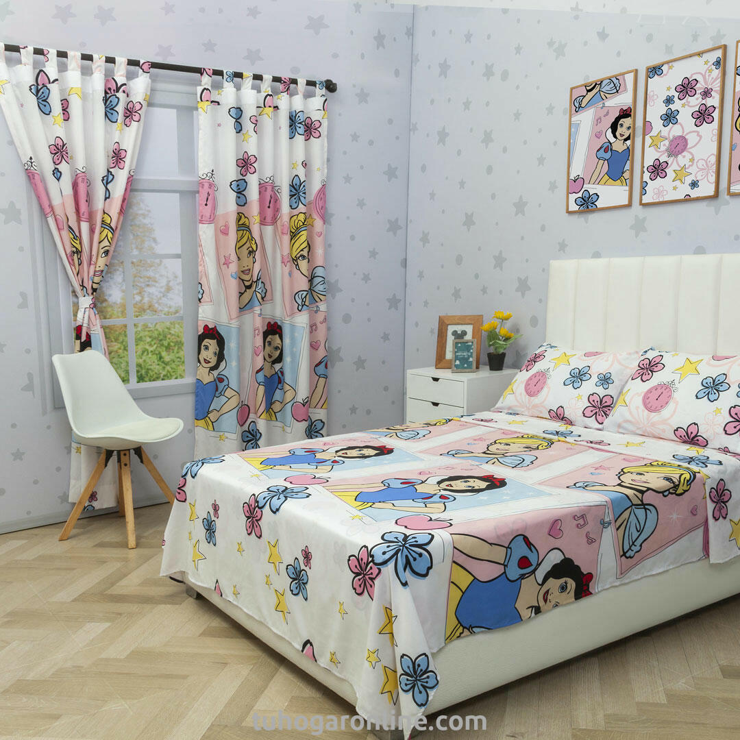 Juego De Sabana Con Cortinas Disney Princesas Blanco Estampados Animados