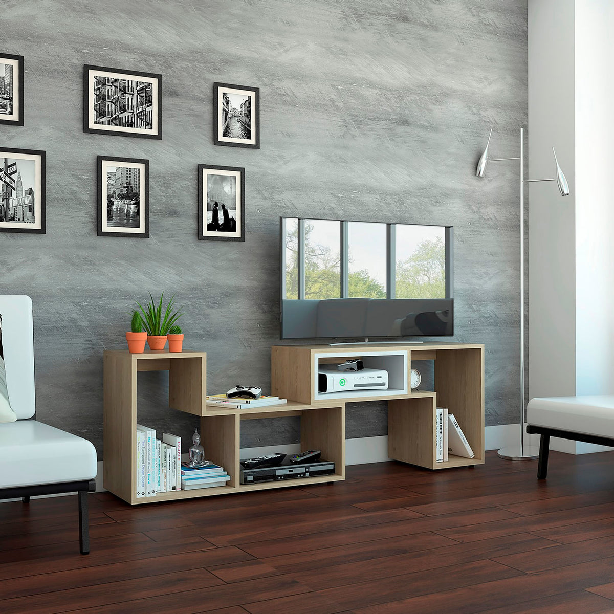 Rack Tv Extensible Zebrano Rovere+Blanco