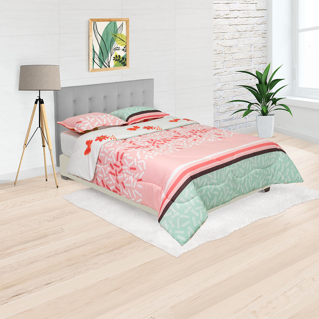 Cubrelecho Semiacolchado Doble Faz Flores En Verdes Fondo Coral Y Beige