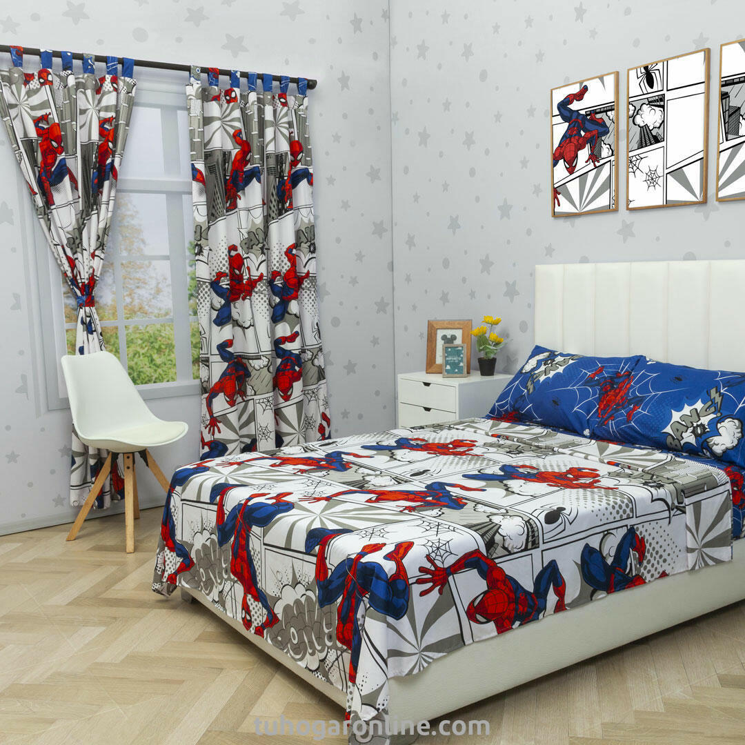 Juego De Sábana Con Cortina Disney Blanco Azul Spiderman Estampados Animados