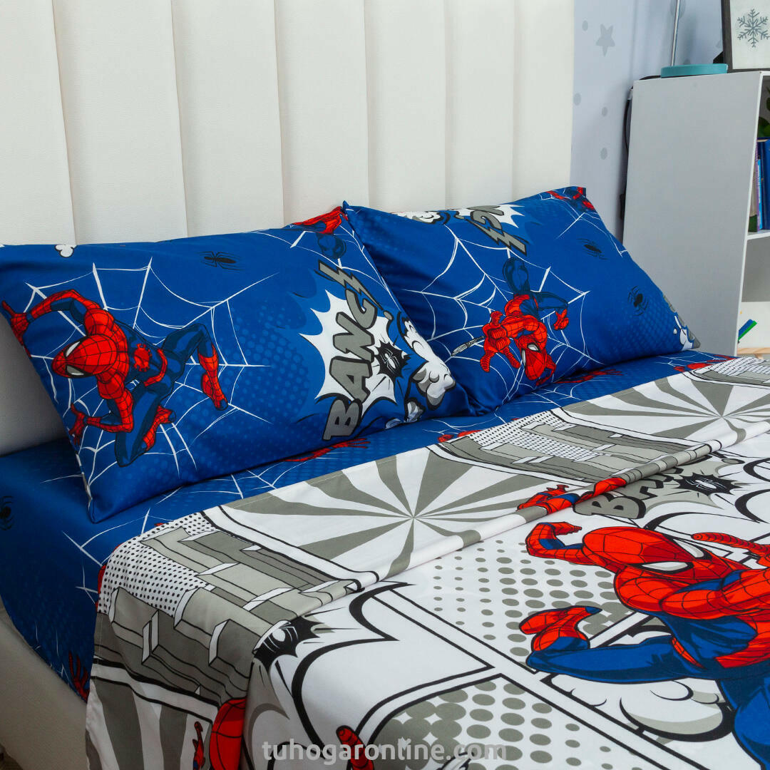 Juego De Sábana Con Cortina Disney Blanco Azul Spiderman Estampados Animados