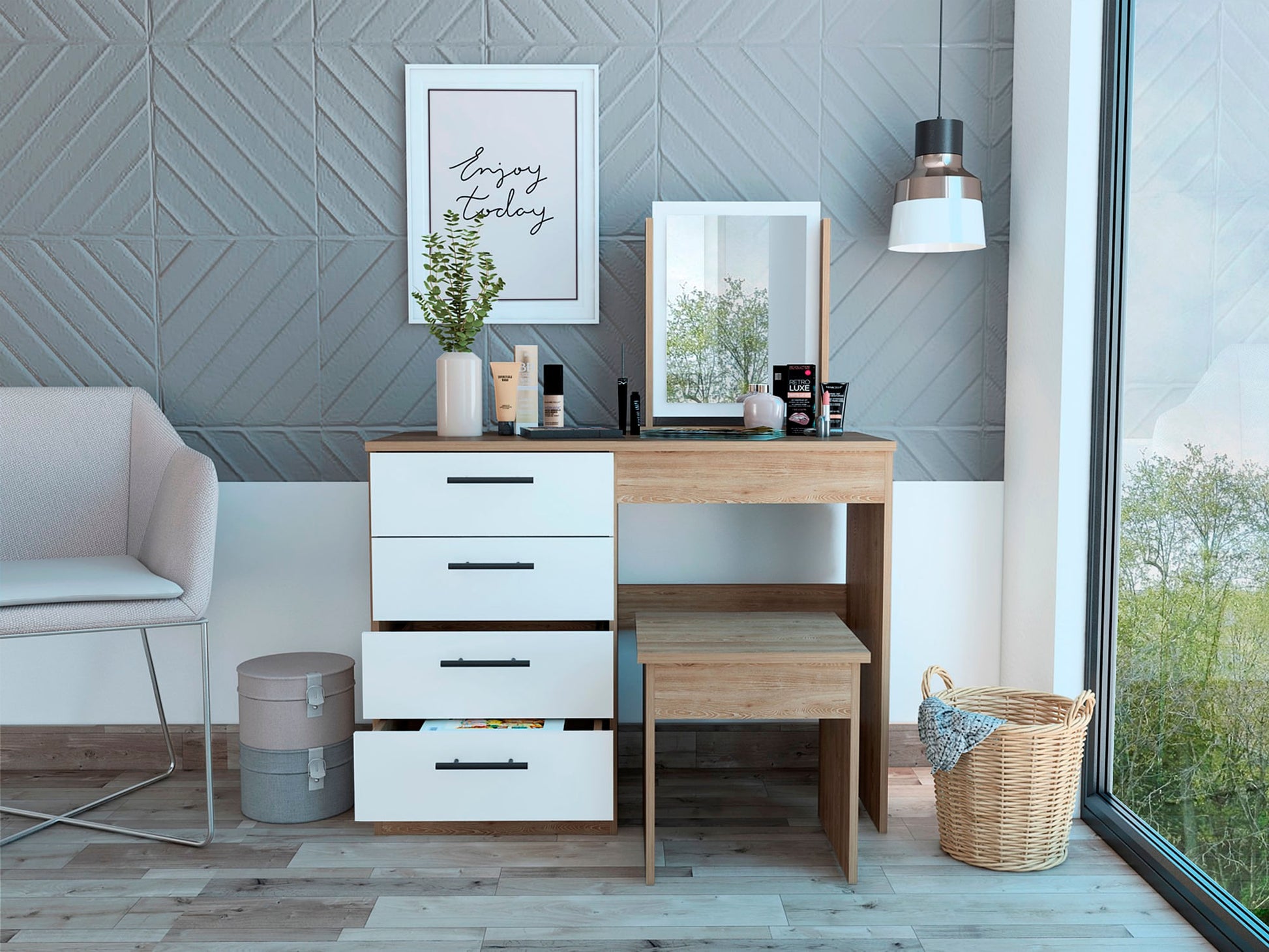 Mueble Tocador Kaia + Banca Rta Miel Blanco