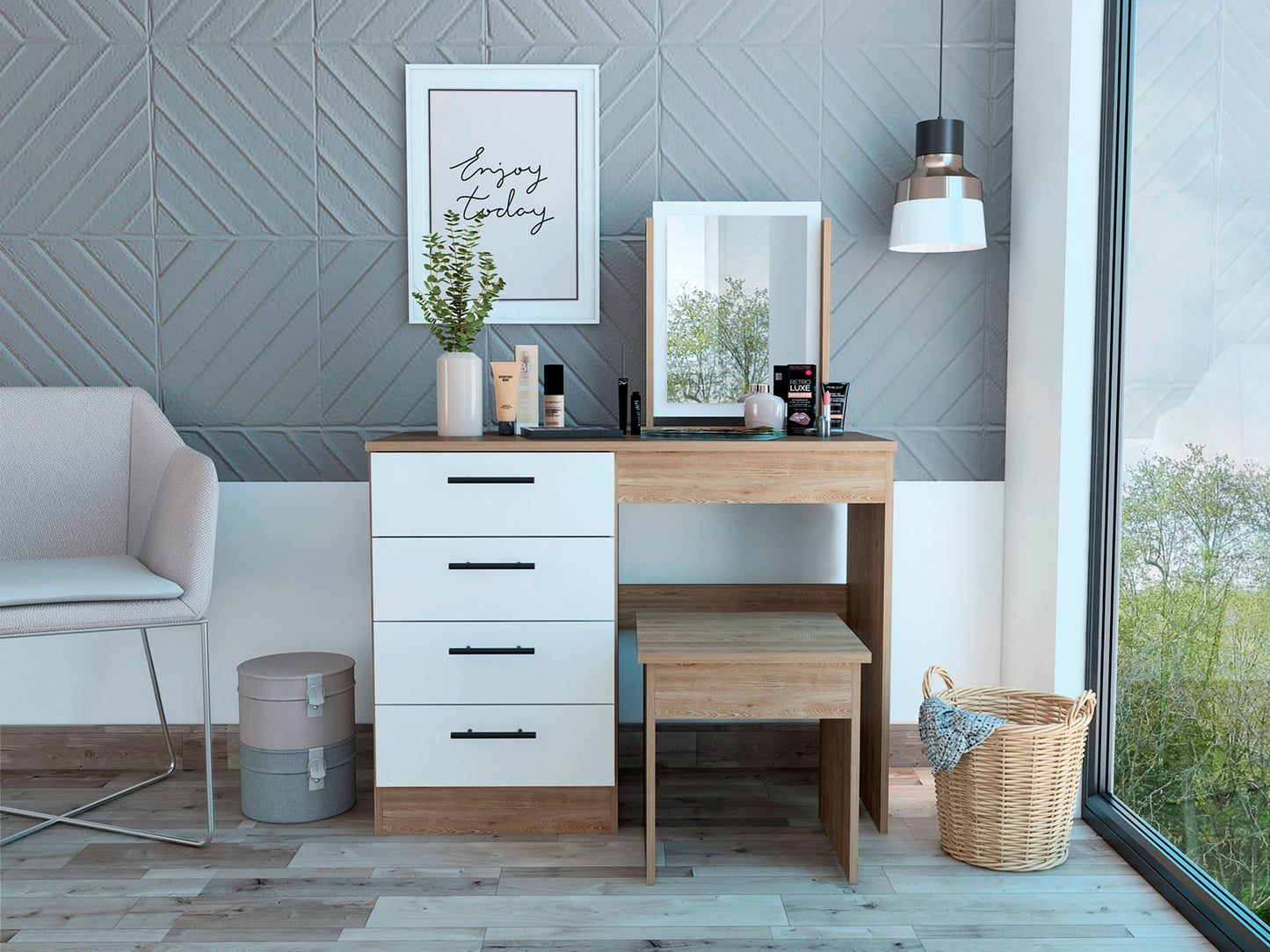 Mueble Tocador Kaia + Banca Rta Miel Blanco