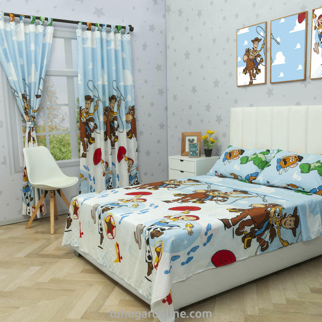 Juego De Sábana Con Cortinas Cama Semidoble Disney Toy Story Celeste Estampados Animados