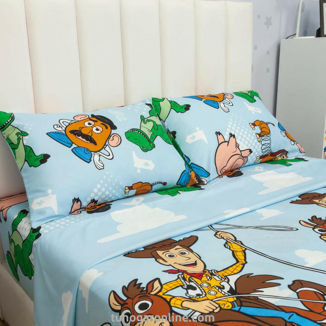 Juego De Sábana Con Cortinas Cama Semidoble Disney Toy Story Celeste Estampados Animados