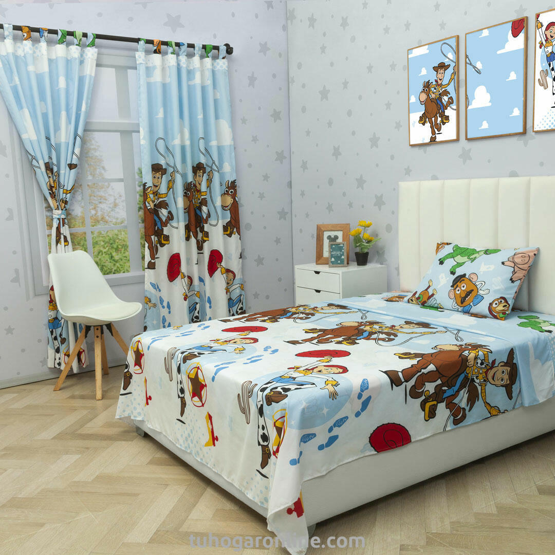 Juego De Sábana Con Cortinas Cama Sencilla Disney Toy Story Celeste Estampados Animados