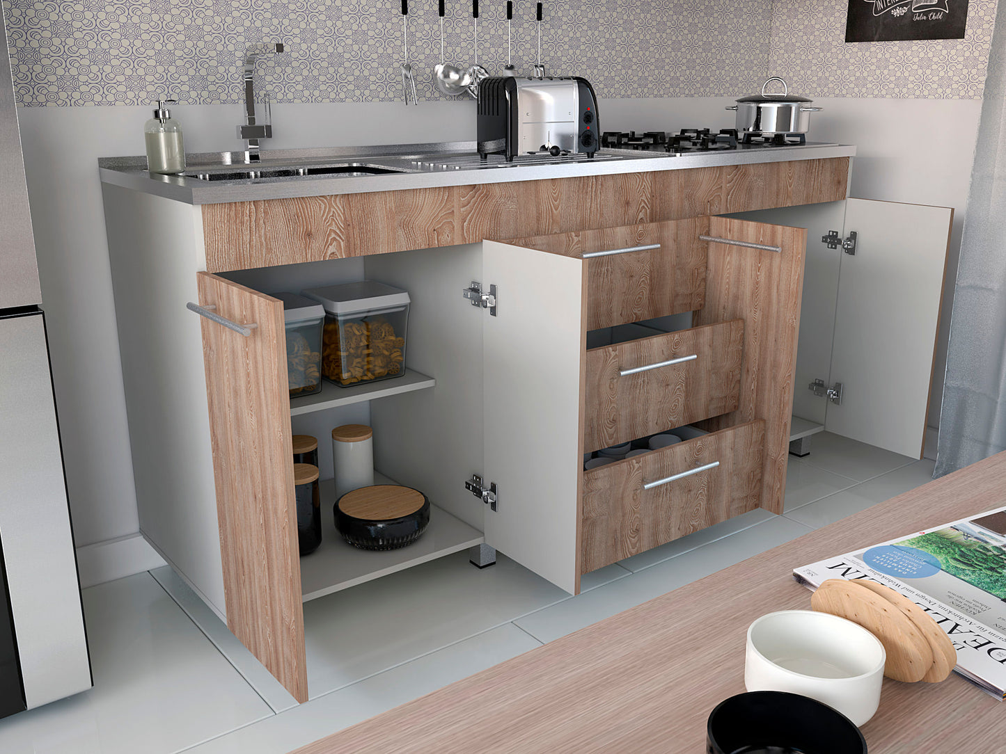Mueble Inferior 150 Sicilia Rta Blanco + Roble Gris