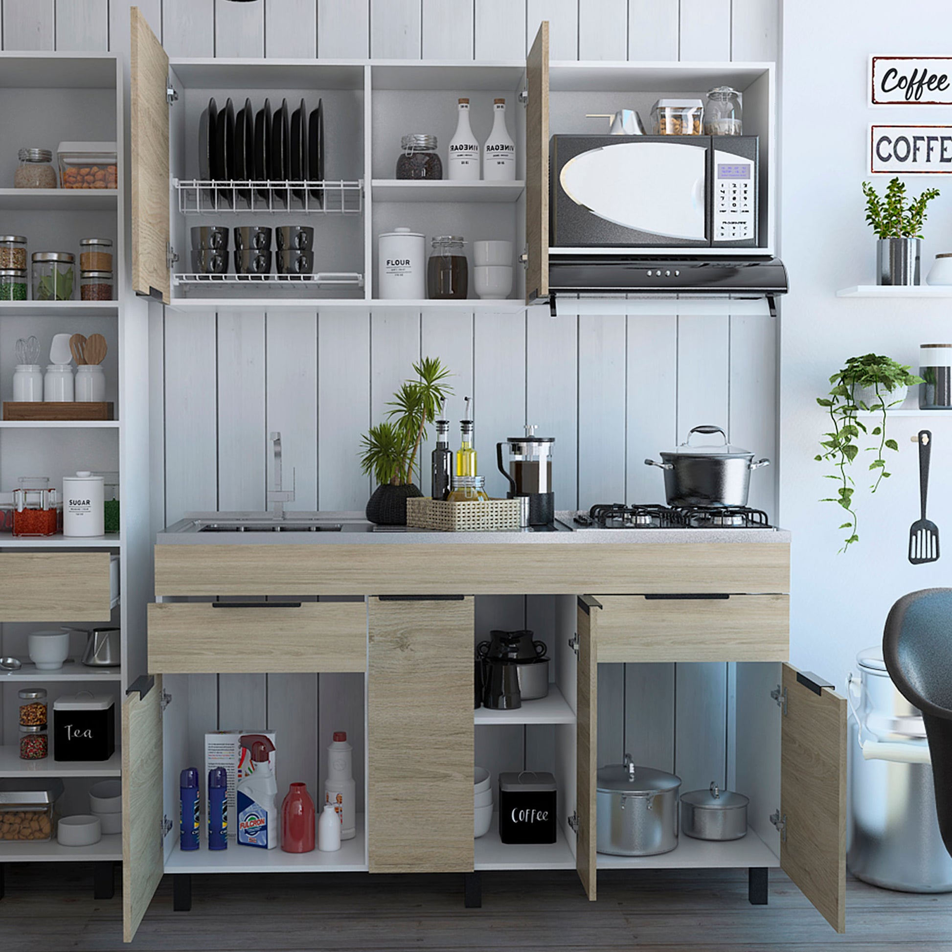 Cocina 1,50 Laport (3C) M.izq. Blanco+Rovere/Blanco M.sup:60X150X33,5 Cm / M.inf: 88X150X51,3 Cm