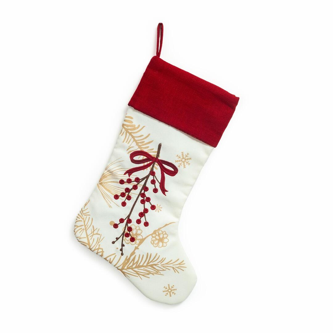 Bota De Navidad Moño Navideño Con Flores Fondo Blanco Con Rojo