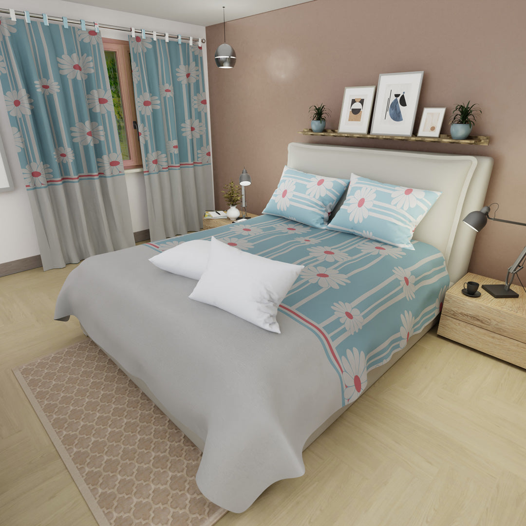 Combo Juego de sábanas con cortinas Primaveral Y Un Par De Almohada