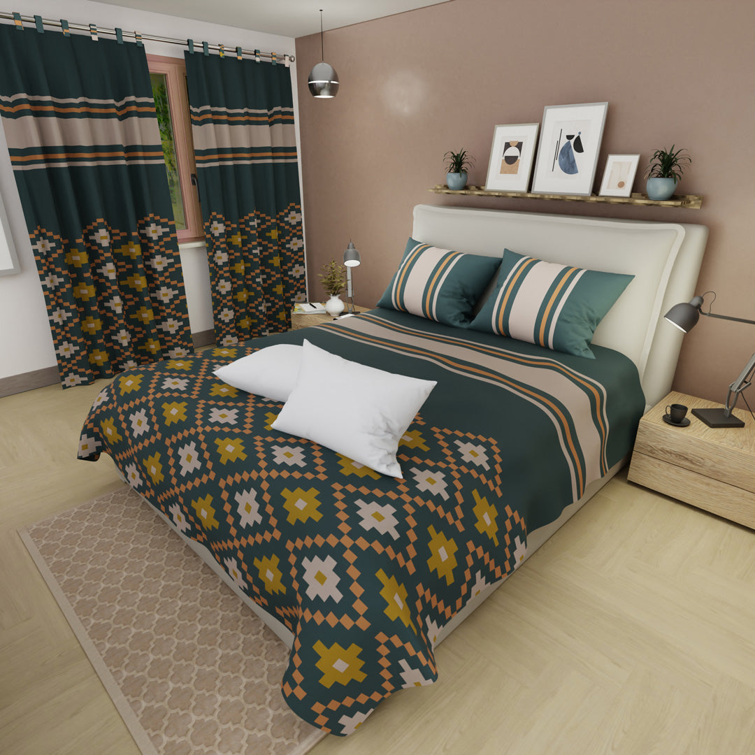 Combo Juego De Sábanas Con Cortinas Tribal Home Y Un Par De Almohada
