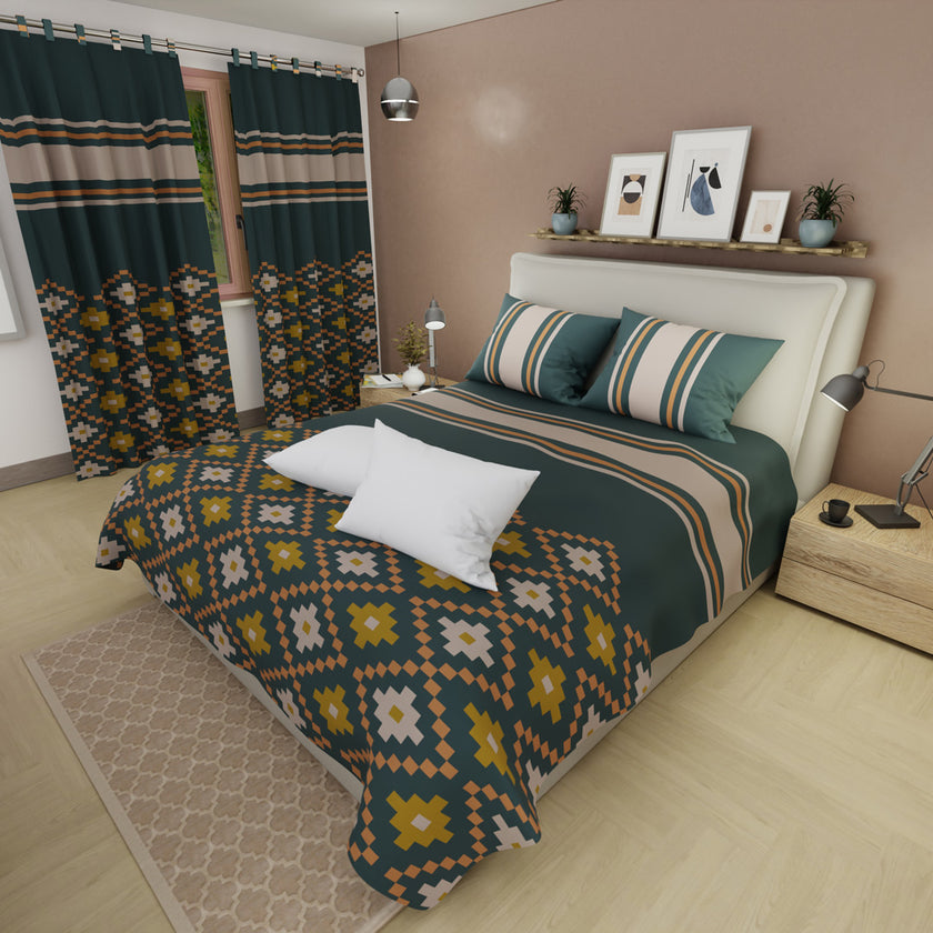 Combo Juego De Sábanas Con Cortinas Tribal Home Y Un Par De Almohada