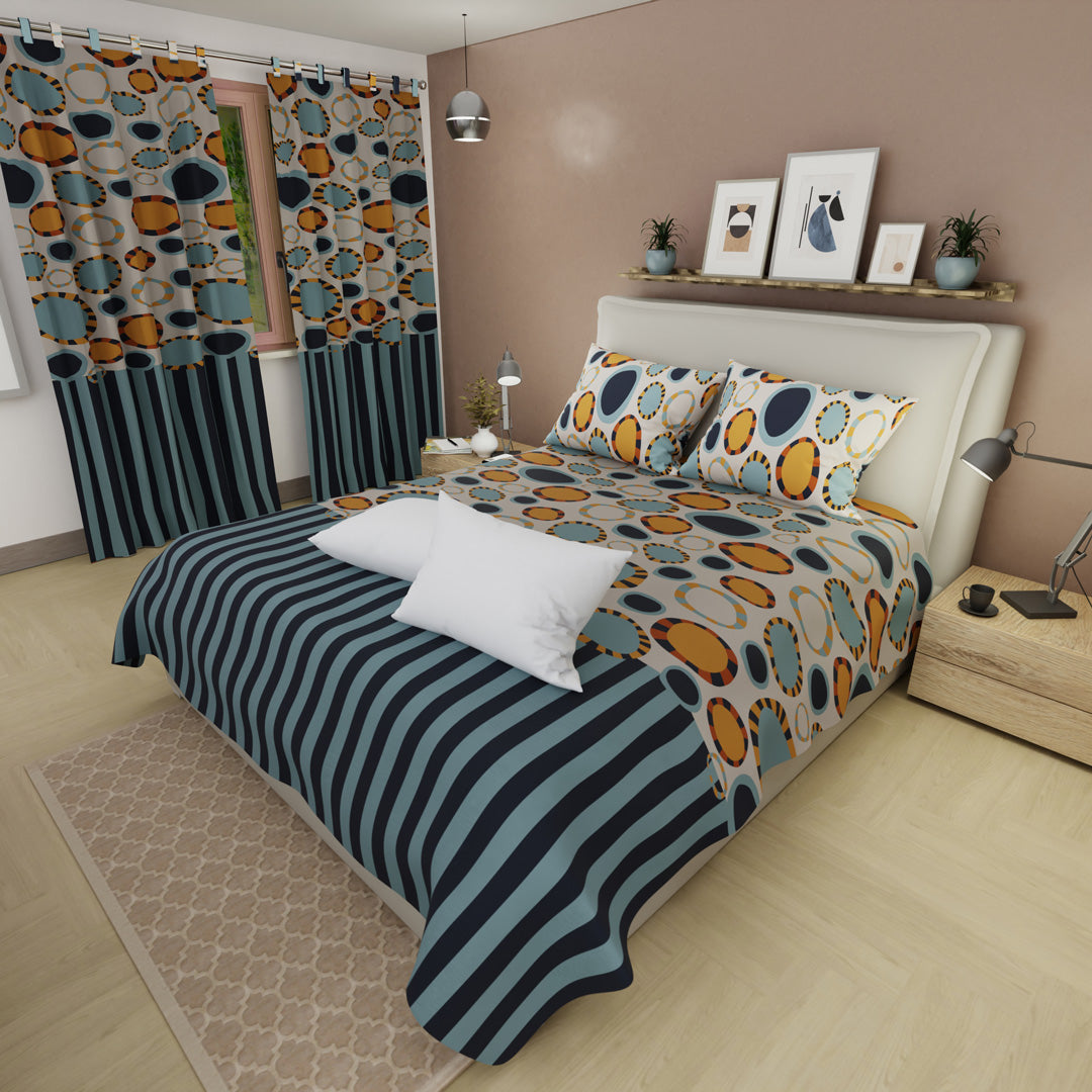 Combo Juego De Sábanas Con Cortinas Dynamic Stripes Y Un Par De Almohada