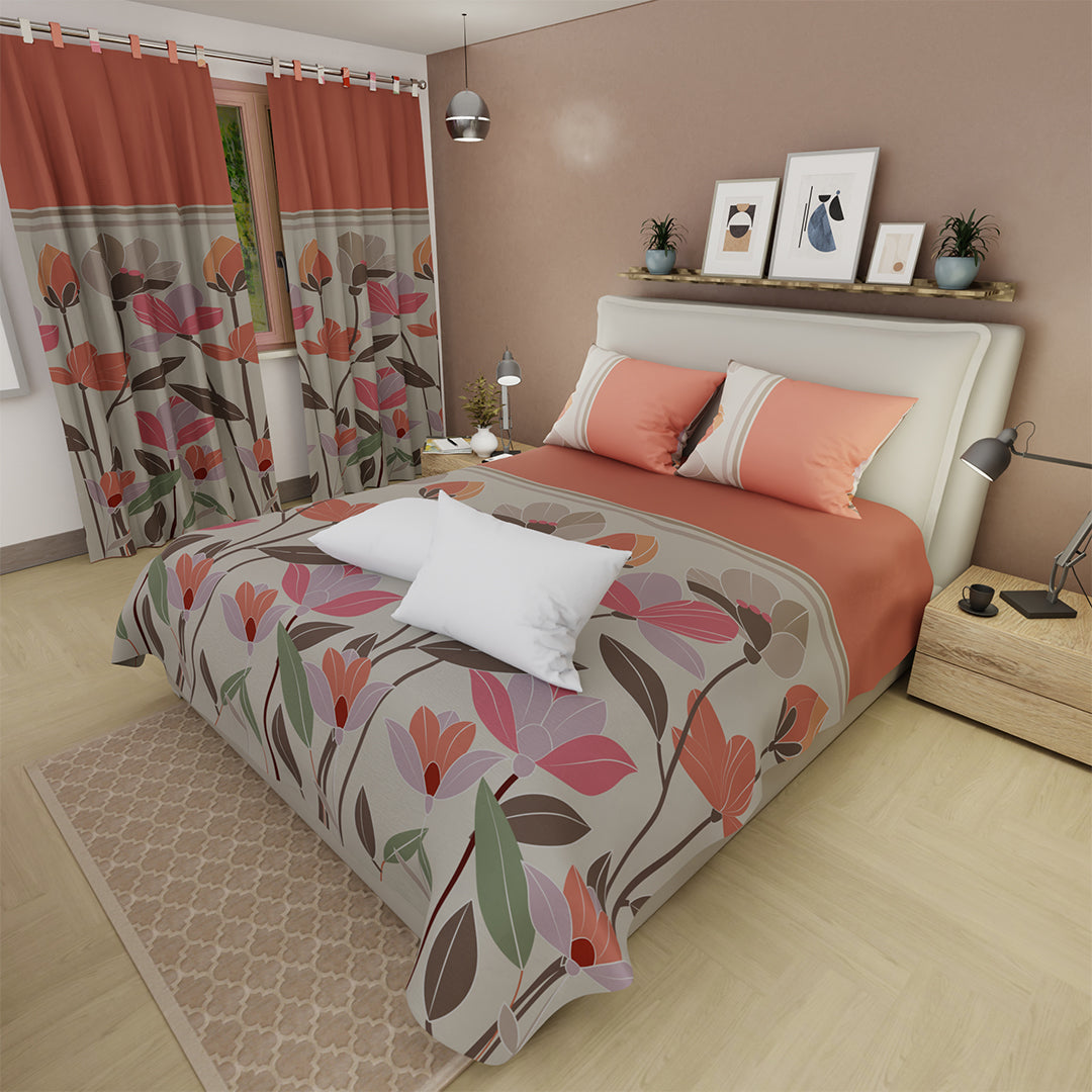 Combo Juego De Sábanas Con Cortinas   Pradera Avellana  Y Un Par De Almohada