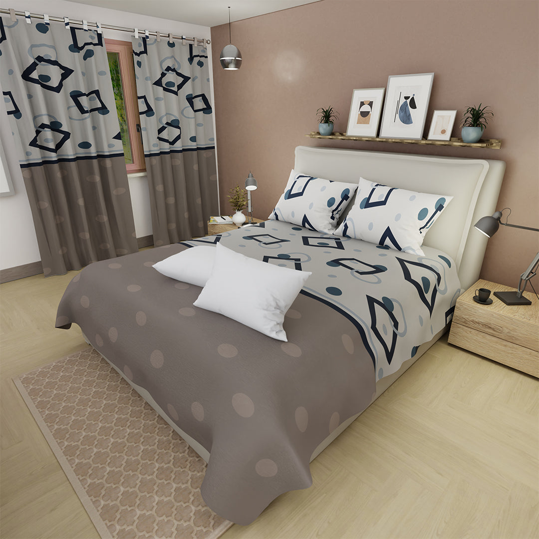 Combo Juego De Sábanas Con Cortinas  Taupe Diamonds  Y Un Par De Almohada