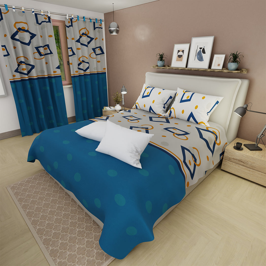 Combo Juego De Sábanas Con Cortinas  Diamonds Azul  Y Un Par De Almohada