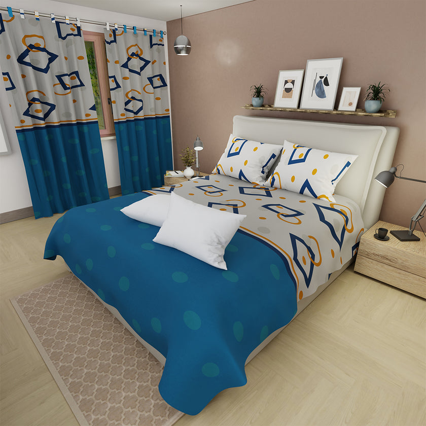 Combo Juego De Sábanas Con Cortinas  Diamonds Azul  Y Un Par De Almohada