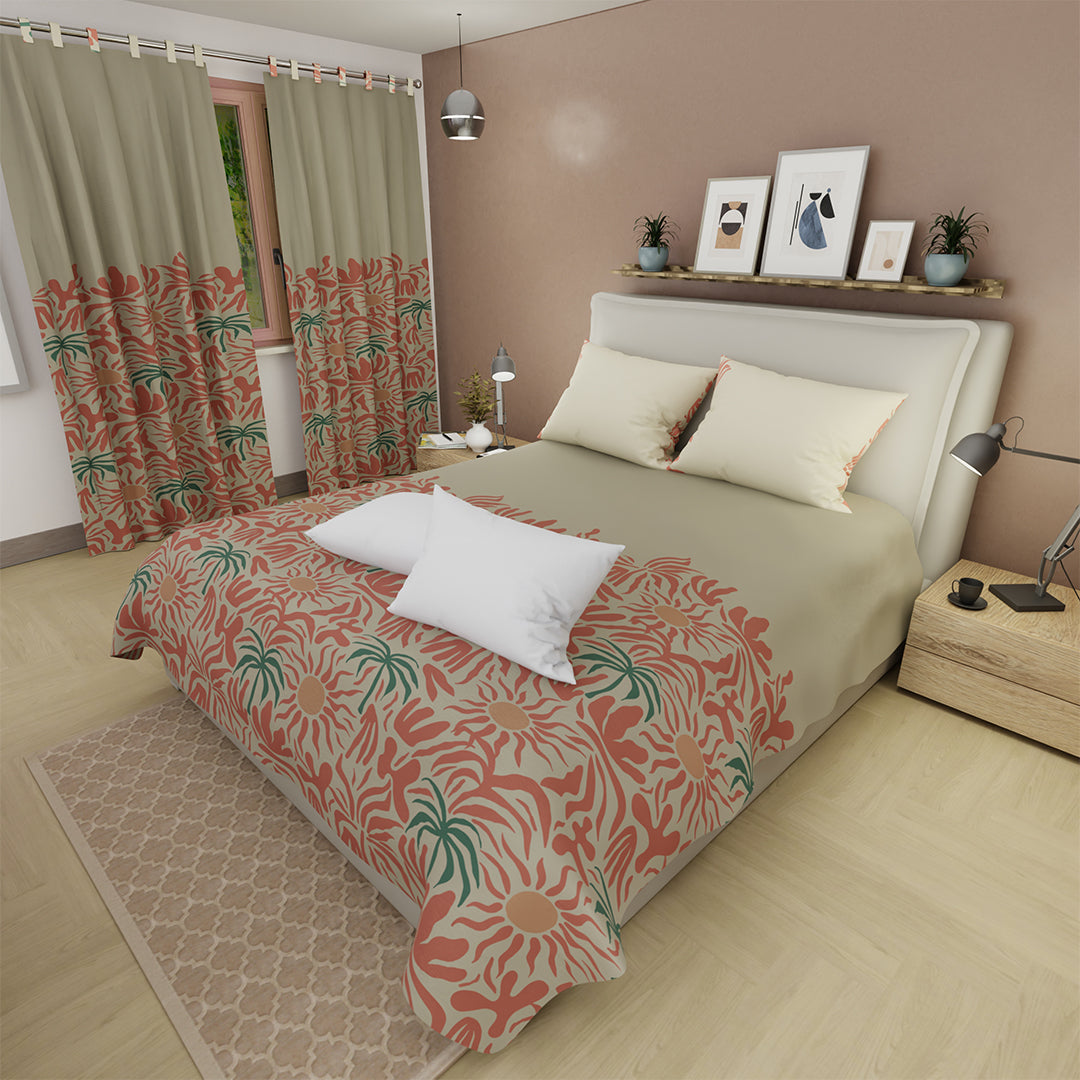 Combo Juego De Sábanas Con Cortinas  Helecho Topacio  Y Un Par De Almohada