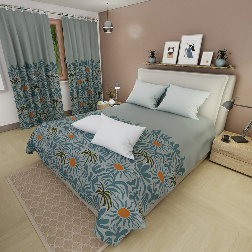 Combo Juego De Sábanas Con Cortinas  Helecho Topacio Azul Y Un Par De Almohada
