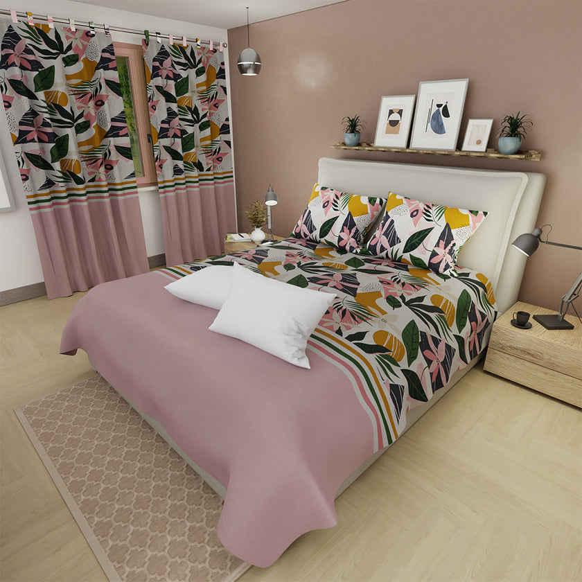 Combo Juego De Sábanas Con Cortinas   Jungla Rubor Y Un Par De Almohada