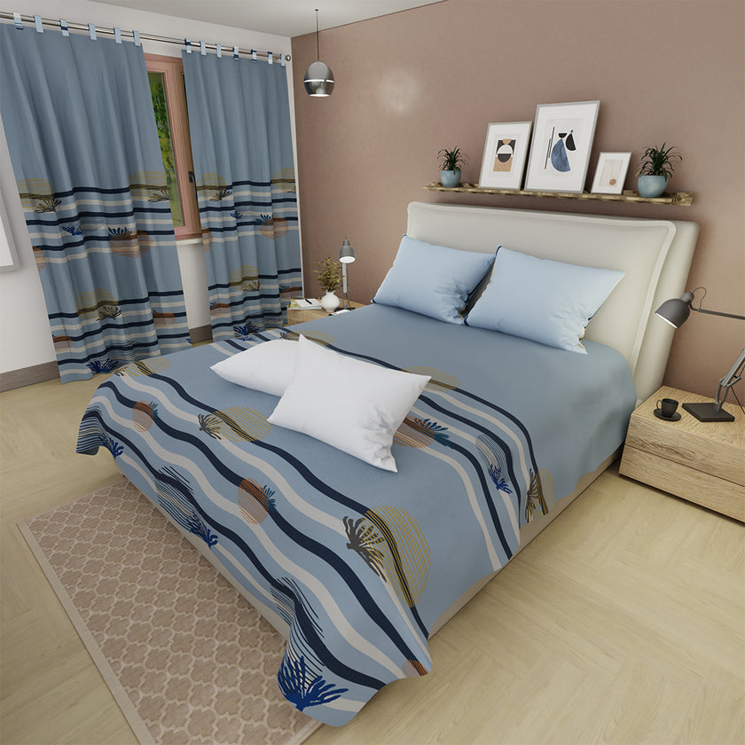 Combo Juego De Sábanas Con Cortinas Palma Azul Y Un Par De Almohada