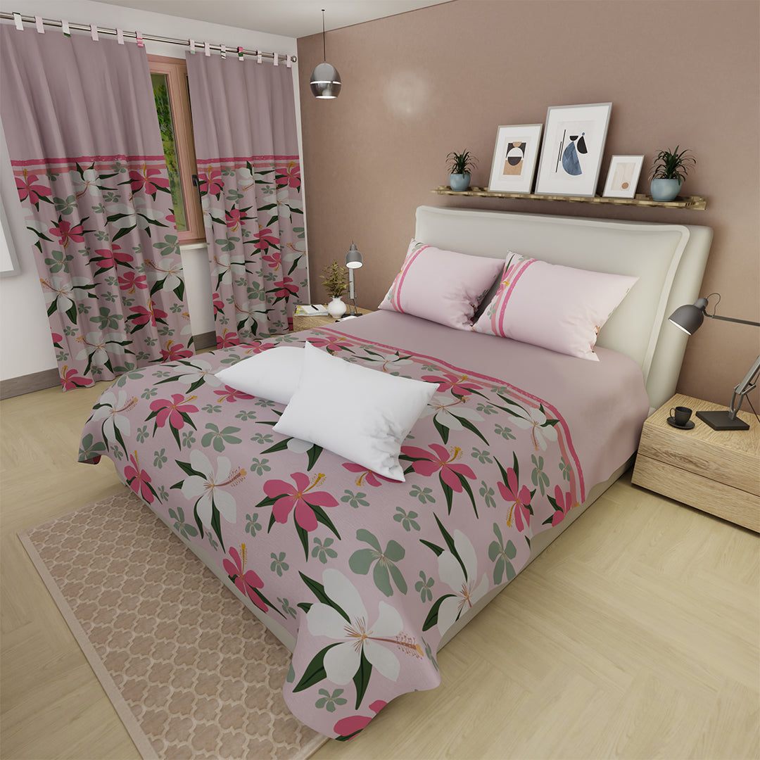 Combo Juego De Sábanas Con Cortinas Rubor Rosa Y Un Par De Almohada