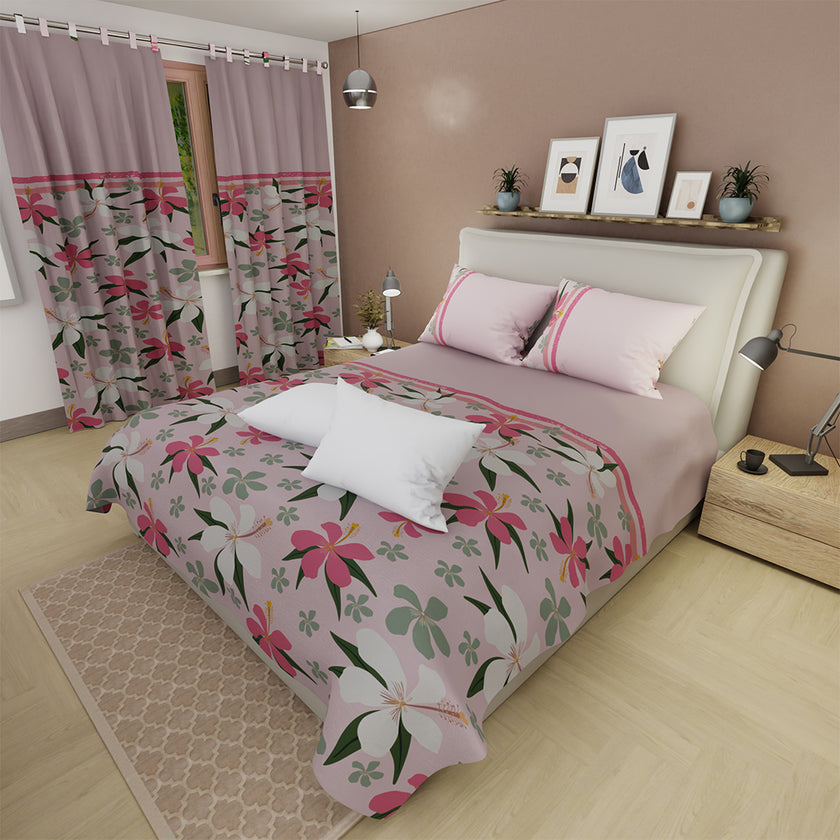 Combo Juego De Sábanas Con Cortinas Rubor Rosa Y Un Par De Almohada