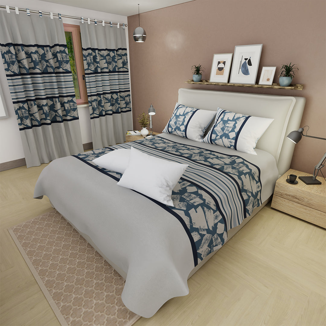 Combo Juego De Sábanas Con Cortinas  Ash & Cobalt  Y Un Par De Almohada