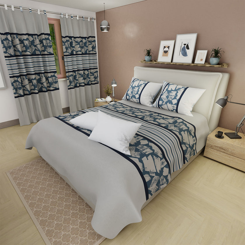 Combo Juego De Sábanas Con Cortinas  Ash & Cobalt  Y Un Par De Almohada