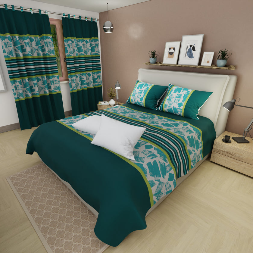 Combo Juego De Sábanas Con Cortinas  Ash & Cobalt Verde Y Un Par De Almohada