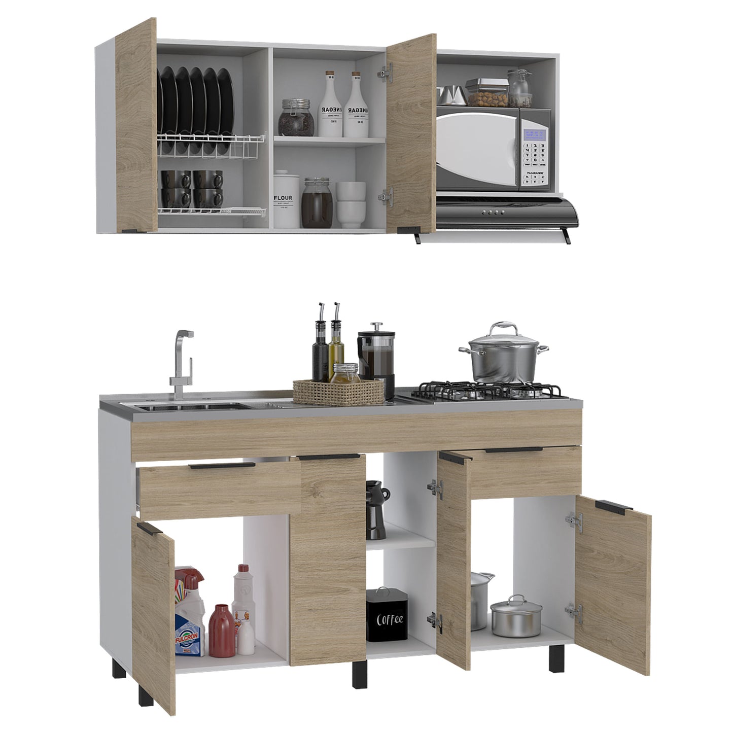 Cocina 1,50 Laport (3C) M.izq. Blanco+Rovere/Blanco M.sup:60X150X33,5 Cm / M.inf: 88X150X51,3 Cm