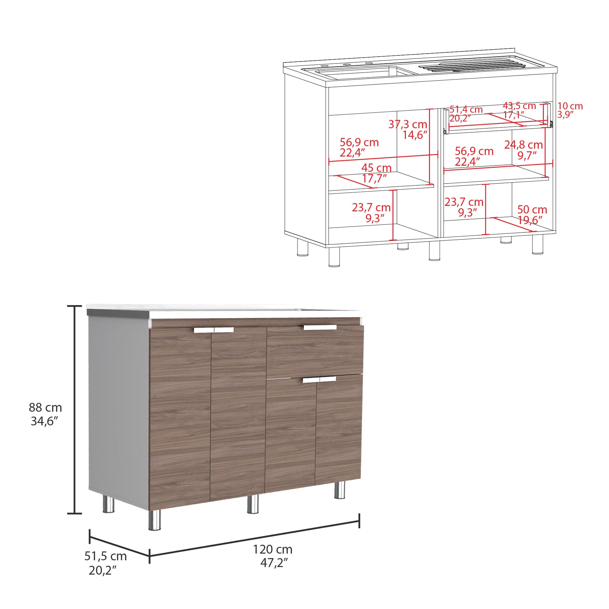 Mueble Inferior Fendi Rta Blanco + Castaño