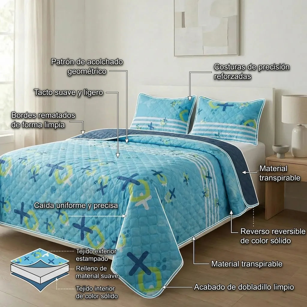 Cubrelecho Doble Faz Termosellado Signos En Verde Limón Fondo Azul Celeste Confortable