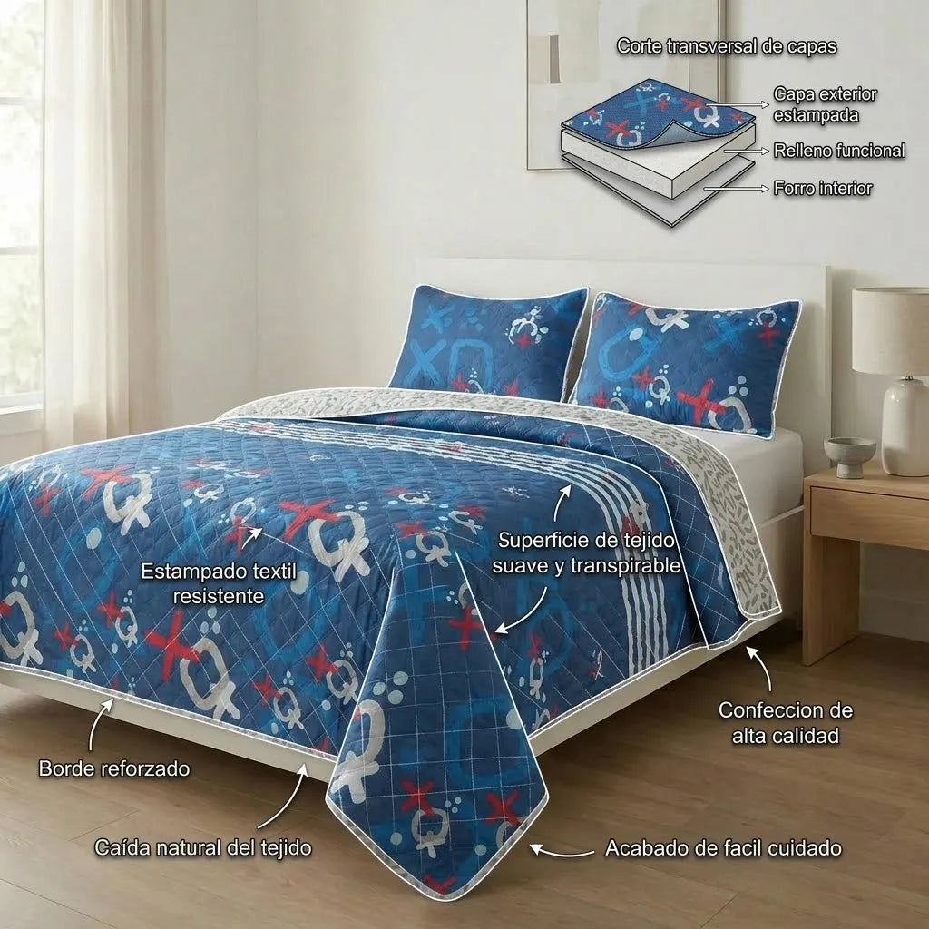 Cubrelecho Doble Faz Termosellado Signos En Fondo Azul Oscuro Confortable