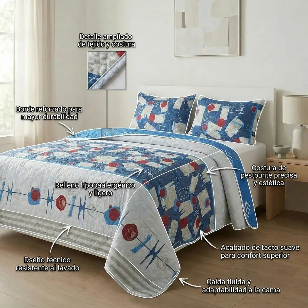 Cubrelecho Doble Faz Termosellado Símbolos Espaciales Fondo Blanco Con Azul Confortable