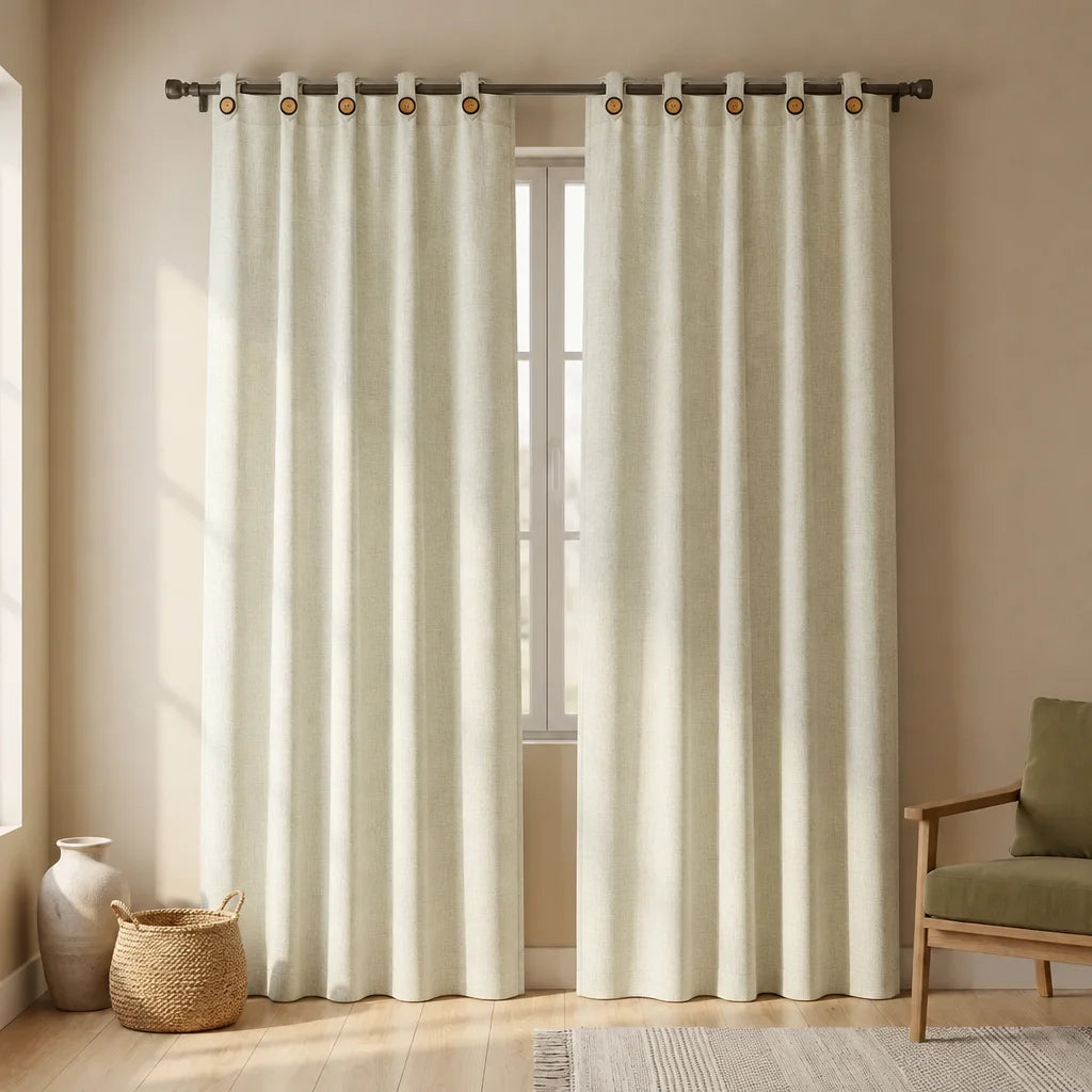 Cortina Arpillera Ancestral Botón Beige De Lujo