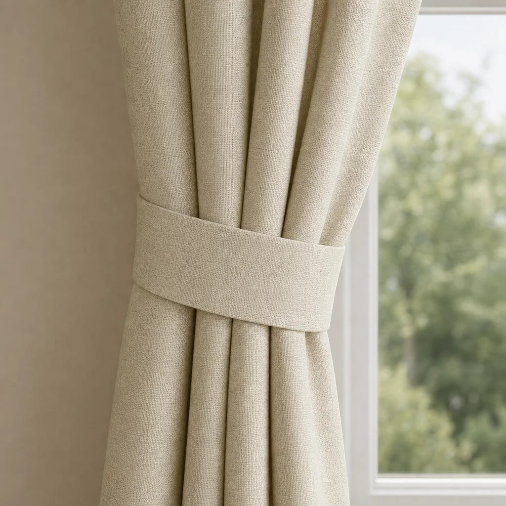 Cortina Arpillera Ancestral Botón Beige De Lujo