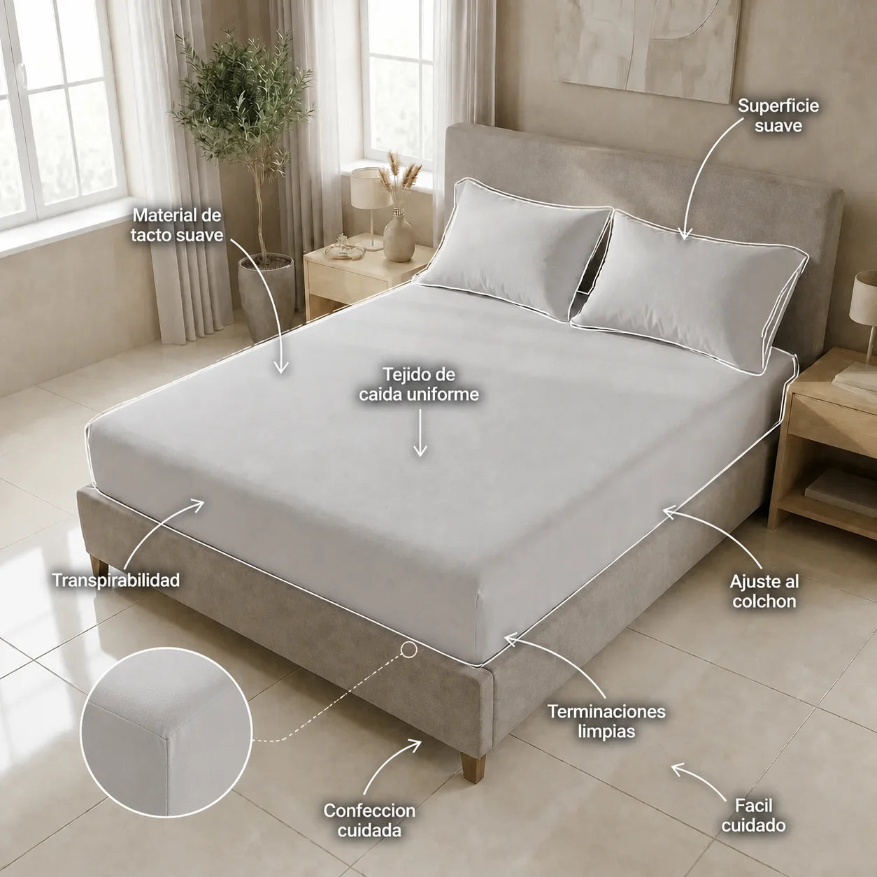 Sábana Ajustable Unicolor Microfibra Suavizada Beige