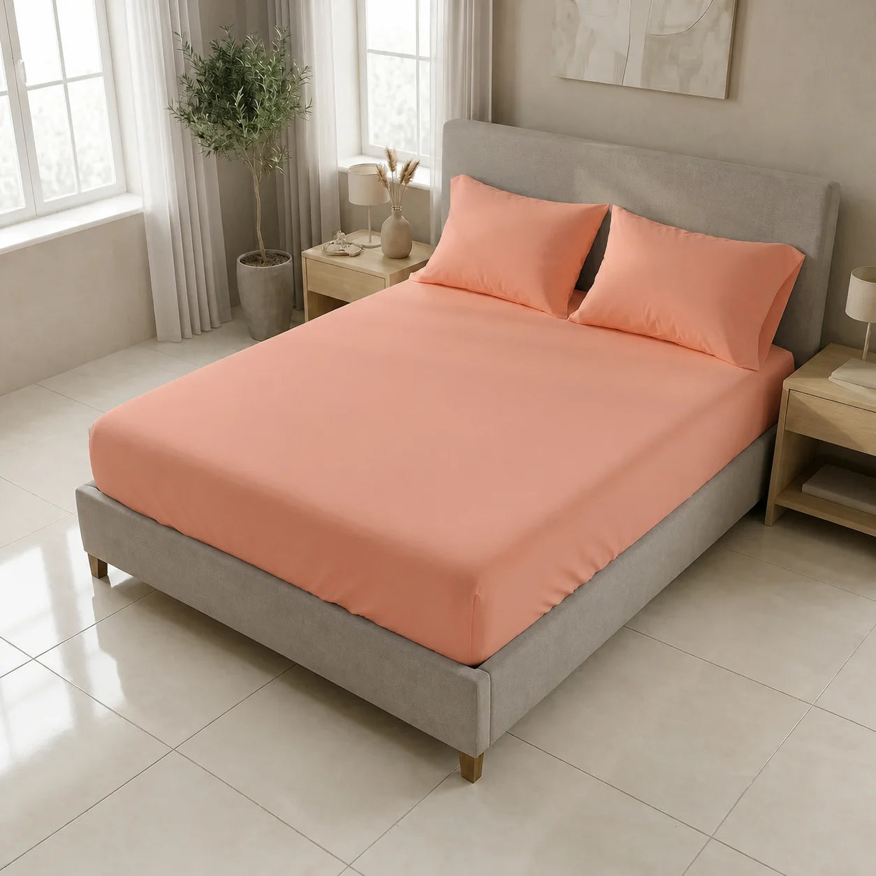 Sábana Ajustable Unicolor Microfibra Suavizada Mandarina