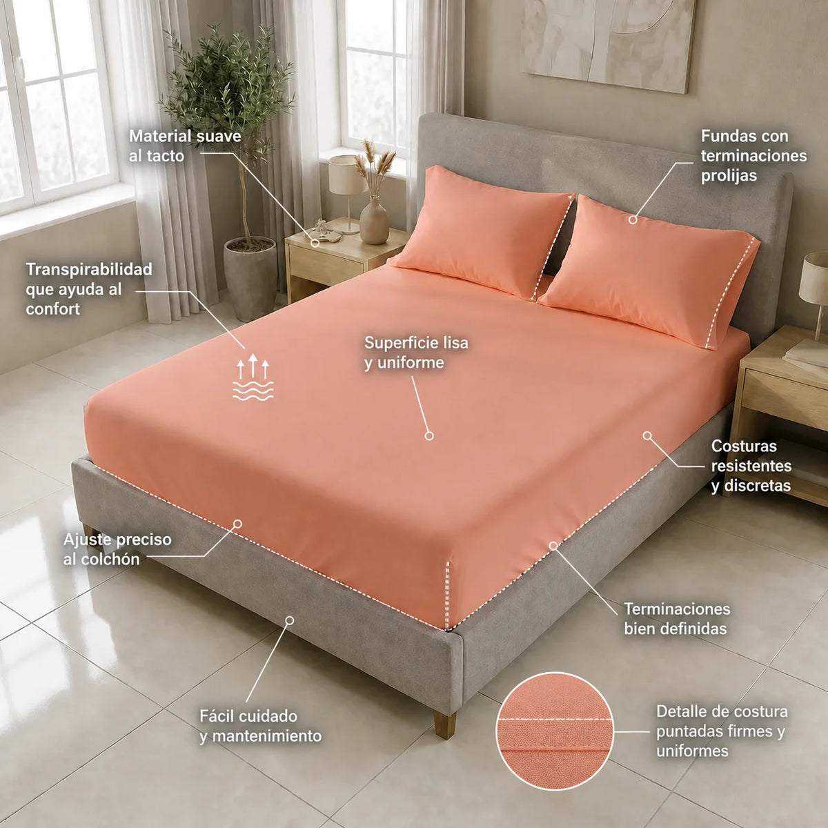 Sábana Ajustable Unicolor Microfibra Suavizada Mandarina