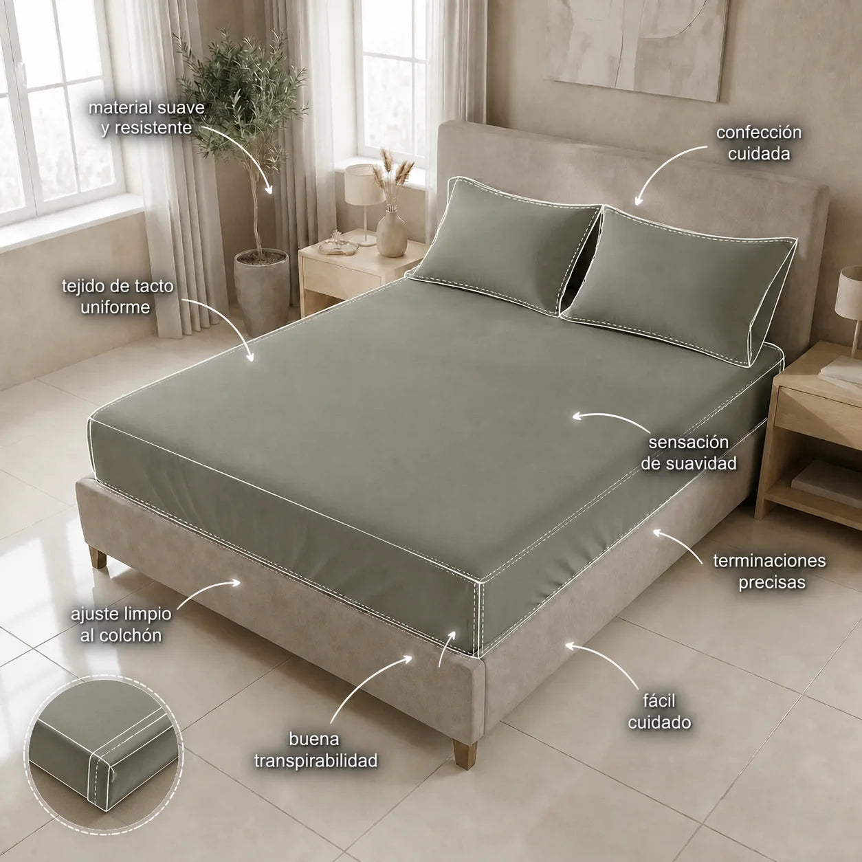 Sabana Ajustable Unicolor My House Gris