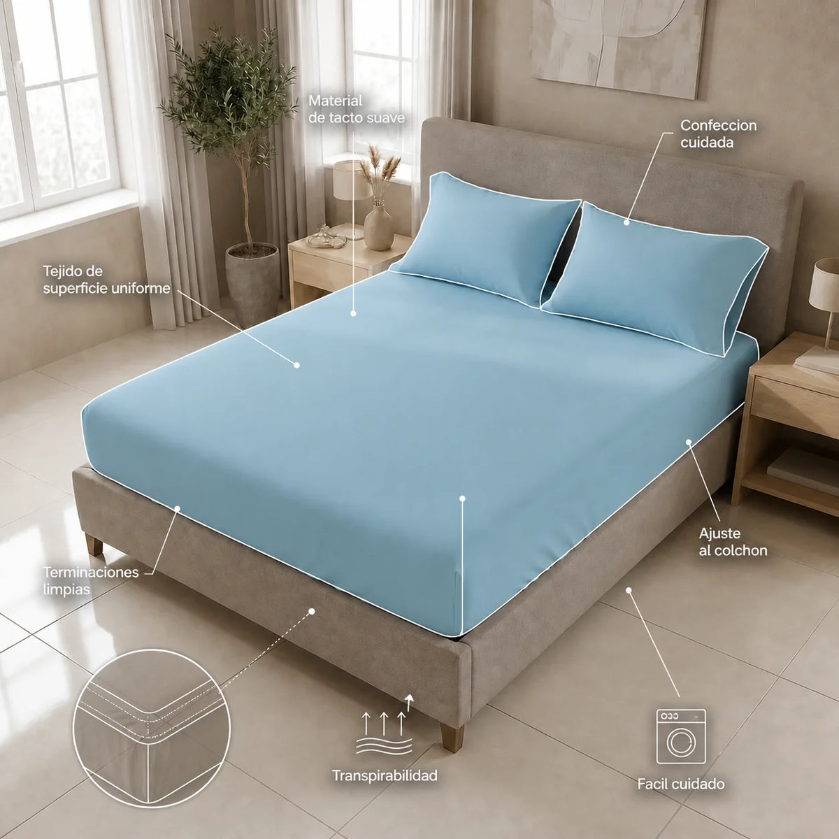 Sábana Ajustable Unicolor Microfibra Suavizada Azul