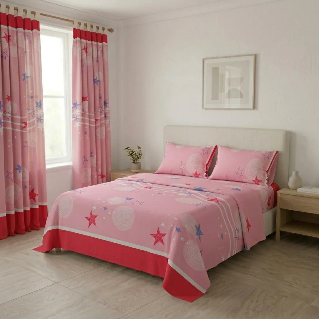 Juego De Sábanas Con Cortinas Fondo Rosa Patrón Estrellas Ultra Suave
