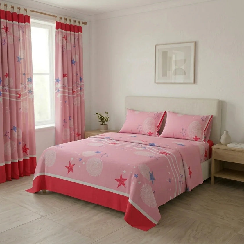 Juego De Sábanas Con Cortinas Fondo Rosa Patrón Estrellas Ultra Suave