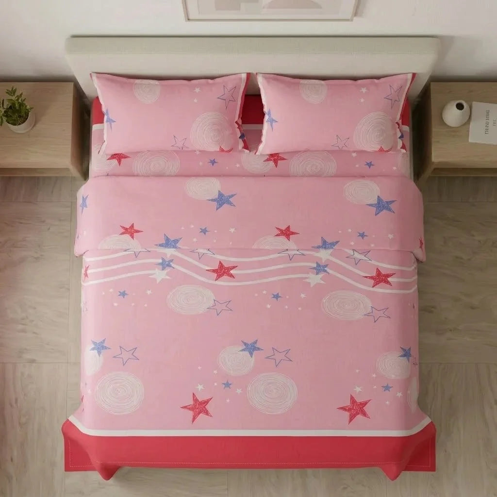 Juego De Sábanas Con Cortinas Fondo Rosa Patrón Estrellas Ultra Suave