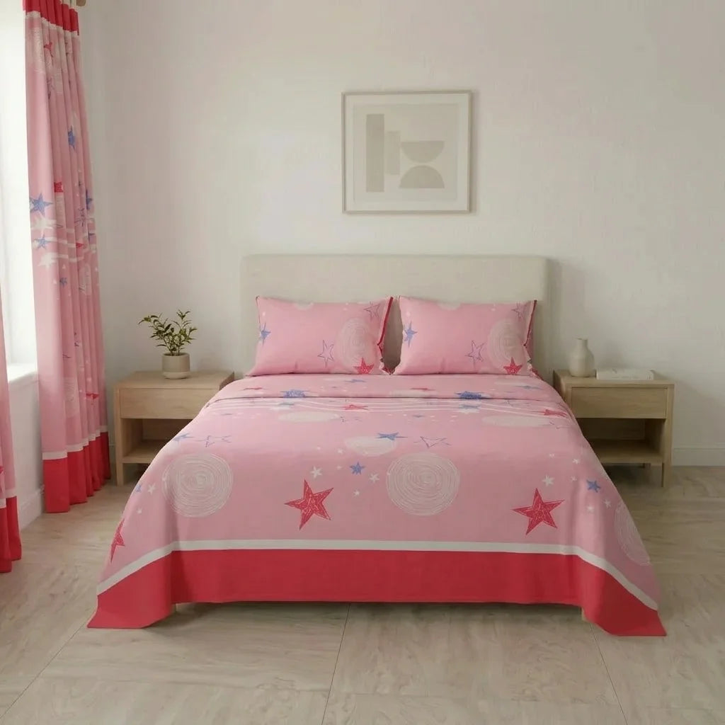 Juego De Sábanas Con Cortinas Fondo Rosa Patrón Estrellas Ultra Suave